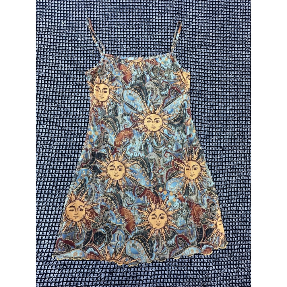 SHEIN Mini Dress Womens Large Blue Celestial Sun Paisley Mesh Excellent